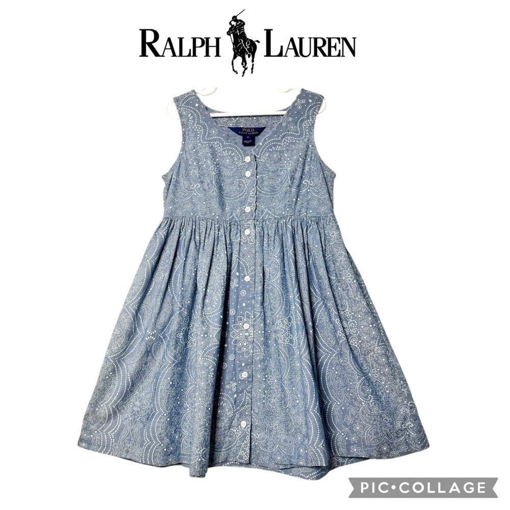 Polo Ralph Lauren girls sleeveless chambray blue white button down dress size 8
